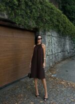 Halter Yaka Dokuma Midi Elbise - KAHVERENGİ