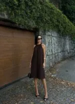 Halter Yaka Dokuma Midi Elbise - KAHVERENGİ