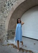 Halter Yaka Dokuma Midi Elbise - MAVİ