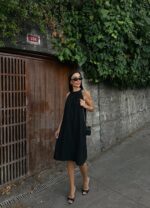 Halter Yaka Dokuma Midi Elbise - SİYAH