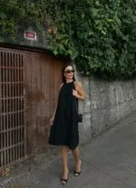 Halter Yaka Dokuma Midi Elbise - SİYAH