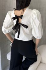 Karpuz Kol Sırtı Fiyonk Detaylı Poplin Bluz - BEYAZ