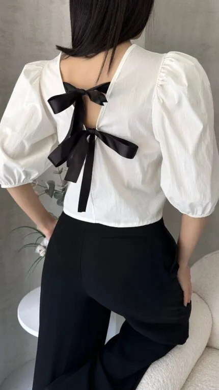 Karpuz Kol Sırtı Fiyonk Detaylı Poplin Bluz - BEYAZ