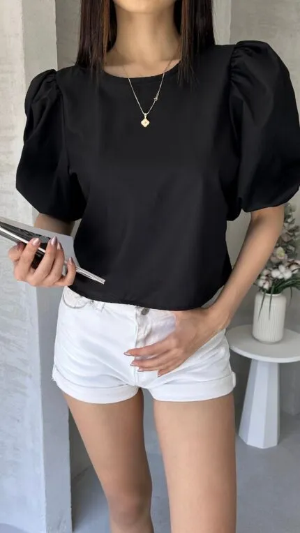 Karpuz Kol Sırtı Fiyonk Detaylı Poplin Bluz - SİYAH