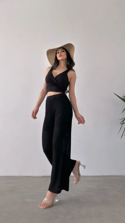 Kruvaze Yaka Crop Bluz Ve Detaylı Pantolon Triko  İkili Takım - SİYAH