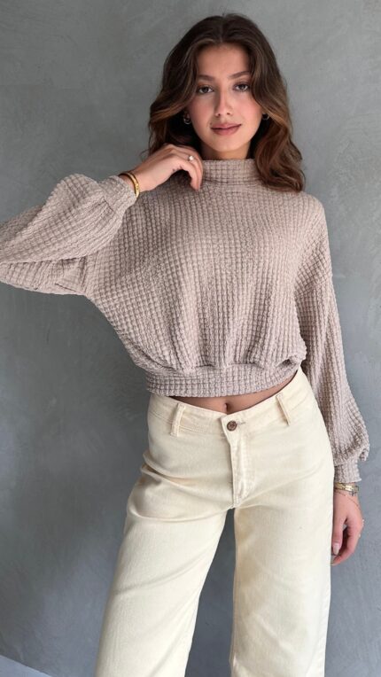 Balıkçı Yaka Dokulu Crop Bluz - VİZON