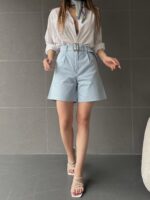 Kuş Gözü Kemerli Geniş Paçalı Mom Şort - MAVİ