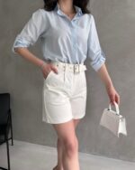 Kuş Gözü Kemerli Geniş Paçalı Mom Şort - BEYAZ