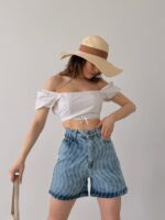Paçası Püsküllü Desenli Denim Şort - AÇIK MAVİ