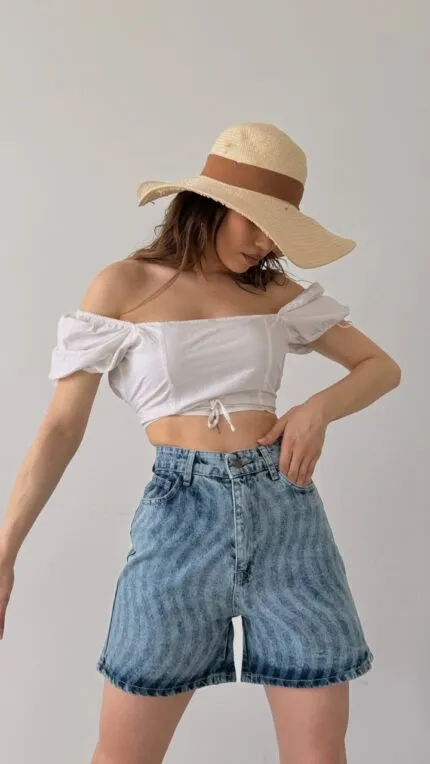 Paçası Püsküllü Desenli Denim Şort - AÇIK MAVİ