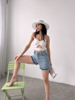 Paçası Püsküllü Desenli Denim Şort - BUZ MAVİ
