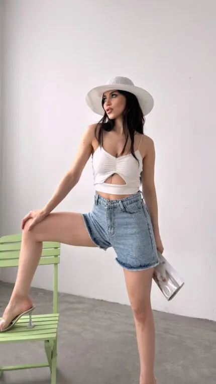 Paçası Püsküllü Desenli Denim Şort - BUZ MAVİ