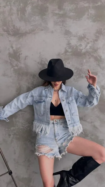 Saçak Detaylı Denim Ceket - BUZ MAVİ