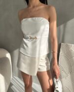 Straplez Beli Toka Detaylı Crep Bluz - BEYAZ