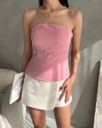 Straplez Beli Toka Detaylı Crep Bluz - PUDRA