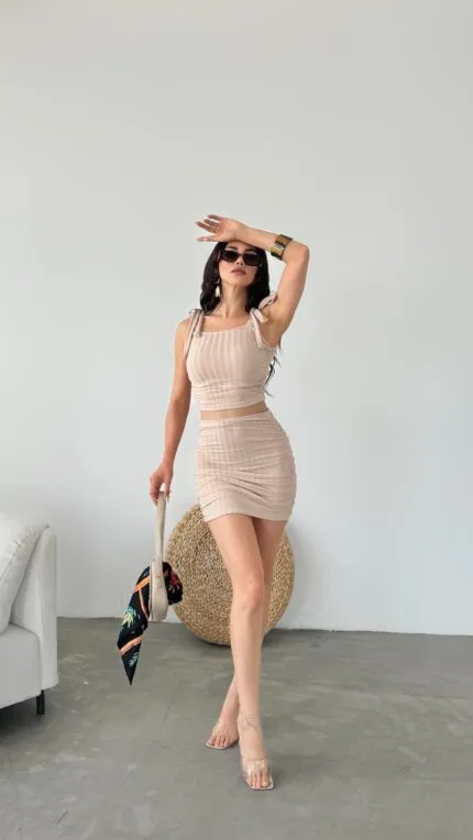 Bağcık Detaylı Crop Bluz Ve Etek İkili Takım - BEJ