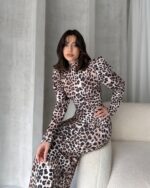 Sırt Dekolteli Leopar Desenli Elbise - BEJ