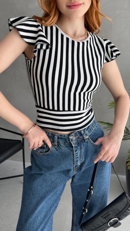 Sırtı Fiyonk Bağlamalı Çizgi Detaylı Crop Bluz - SİYAH BEYAZ