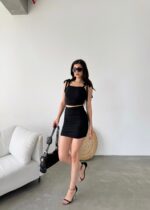 Bağcık Detaylı Crop Bluz Ve Etek İkili Takım - SİYAH