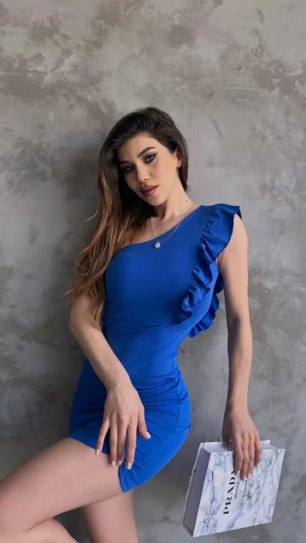 Tek Omuz Volan Detaylı Dalgıç Elbise - KOYU MOR