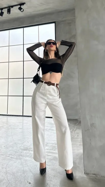 Beli Kemerli Keten Pantolon - BEYAZ