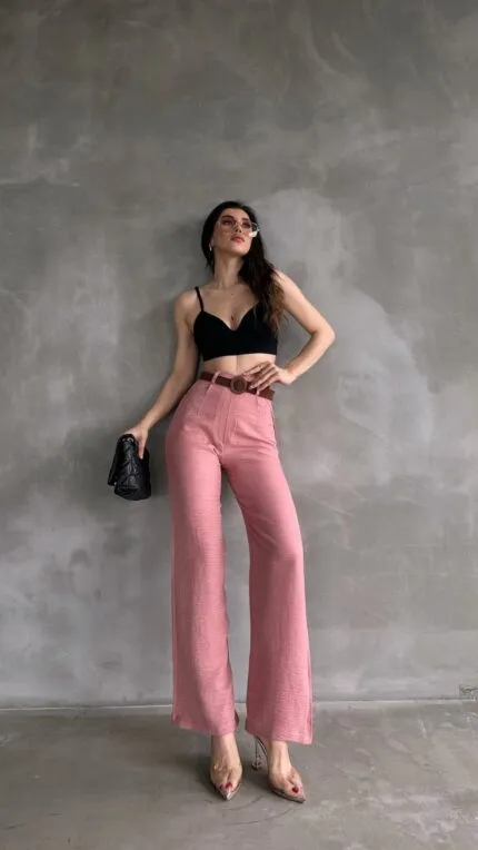 Beli Kemerli Keten Pantolon - PUDRA