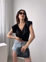 Vatkalı Degaje Yaka Buzzy Bluz - SİYAH