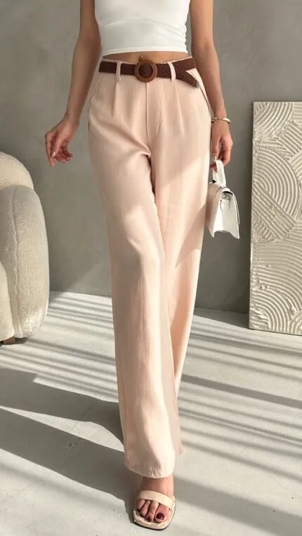 Beli Kemerli Keten Pantolon - AÇIK BEJ