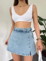Yırtmaç Detaylı Denim Şort Etek - MAVİ