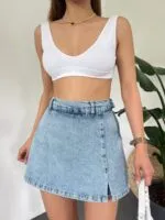 Yırtmaç Detaylı Denim Şort Etek - MAVİ