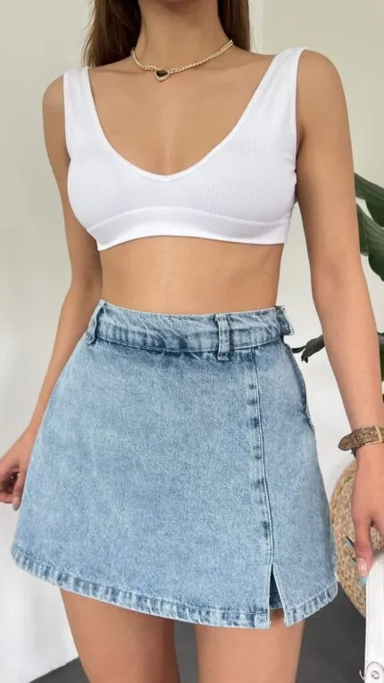 Yırtmaç Detaylı Denim Şort Etek - MAVİ