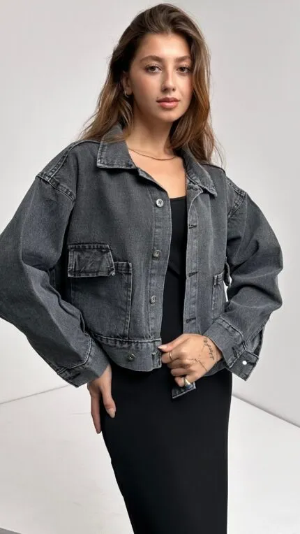 Çift Cep Beli Düğme Detaylı Denim Ceket - ANTRASİT