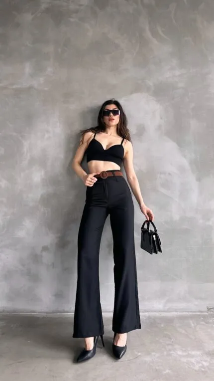 Beli Kemerli Keten Pantolon - SİYAH