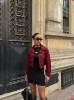 Çift Cep Denim Crop Ceket - BORDO