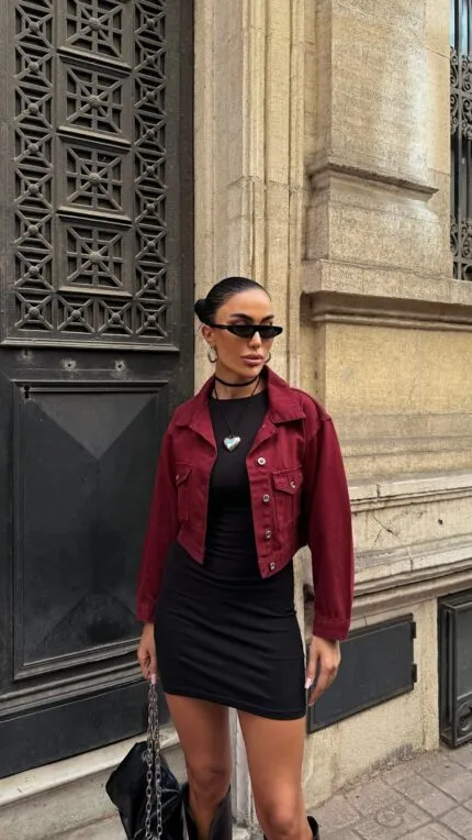 Çift Cep Denim Crop Ceket - BORDO