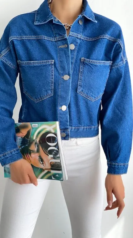 Çift Cepli Denim Crop Ceket - MAVİ
