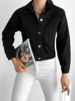 Çift Cepli Denim Crop Ceket - SİYAH