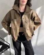 Çift Cepli Oversize Denim Gömlek Ceket - TABA