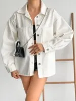 Çift Cepli Oversize Denim Gömlek Ceket - BEYAZ