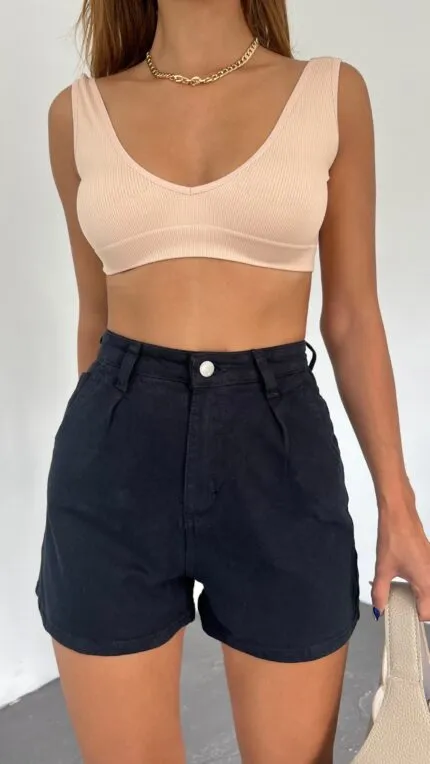 Çift Cepli Pileli Mini Denim Şort - SİYAH