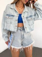 Çift Cepli Yıkamalı Crop Denim Ceket - MAVİ