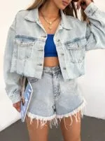 Çift Cepli Yıkamalı Crop Denim Ceket - MAVİ