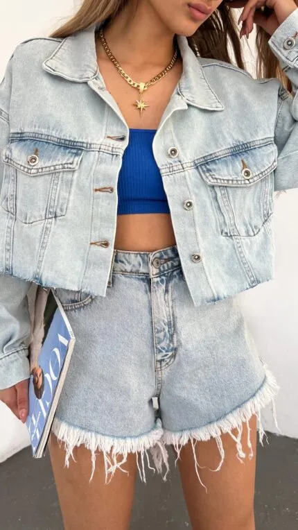 Çift Cepli Yıkamalı Crop Denim Ceket - MAVİ
