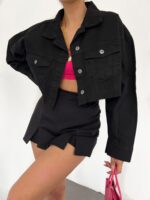 Çift Cepli Yıkamalı Crop Denim Ceket - SİYAH