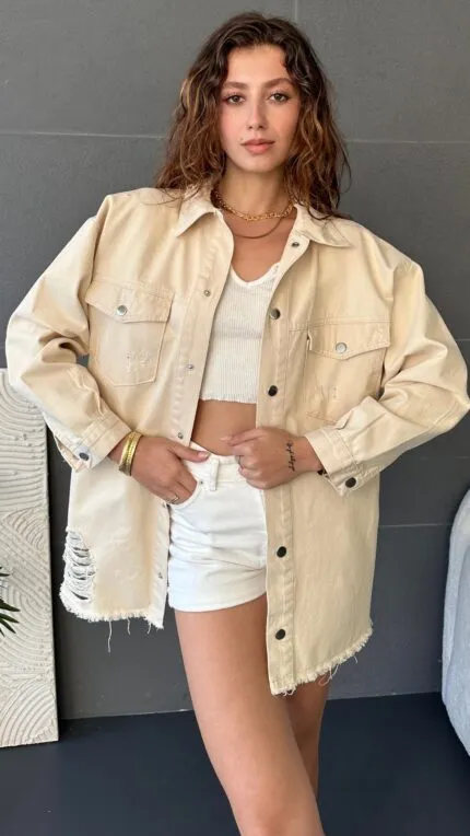Çift Cepli Yırtık Detaylı Oversize Gömlek Ceket - BEJ