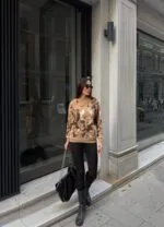 Çiçek Desenli Dokulu Triko Kazak - CAMEL