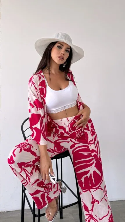 Desenli Kimono Ve Pantolon İkili Takım - FUŞYA DESENLİ