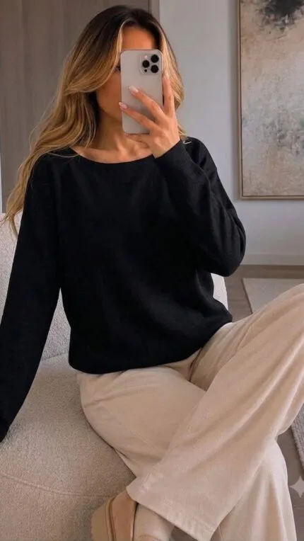 BLACK – SİYAH Yumuşak Dokulu Soft Asimetrik Yaka Triko Kazak