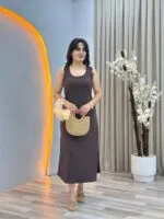 ACI KAHVE Sırt dantel detaylı elbise