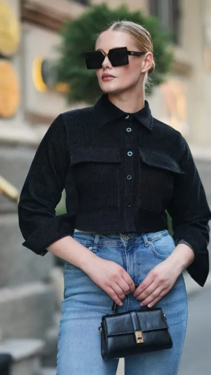 ÇİFT CEP DETAYLI CROP CEKET